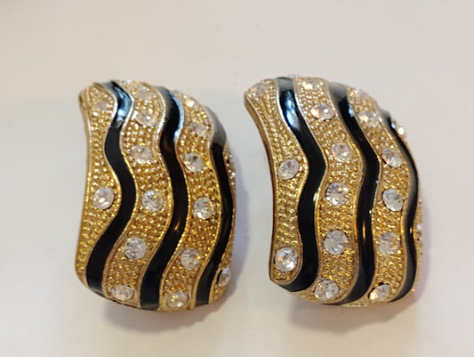 Beautiful Gold * Black Rhinestone Earrings & Black Crystal Asian Cha Cha Bracelet