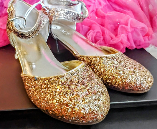 Pretty Child's Pink Sparkle Glitter Tu Tu Skirt & Golden Dress Heels. Sz. 2