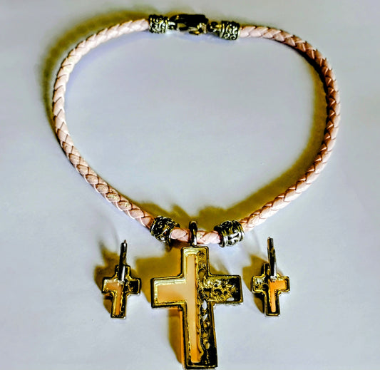Pretty Pink Rose Braided Cross Jewelry Set