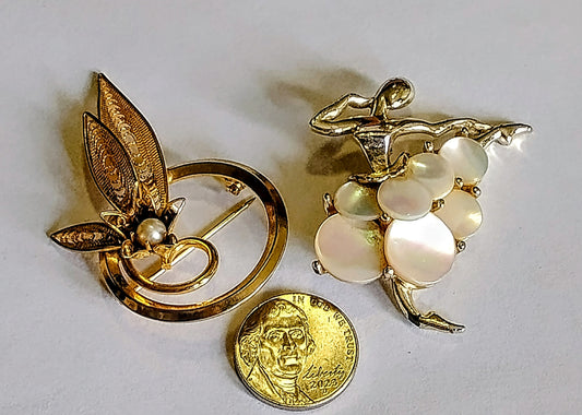 Gorgeous Vintage Pearl Shell Gold Pin & Gold Pearl Brooch