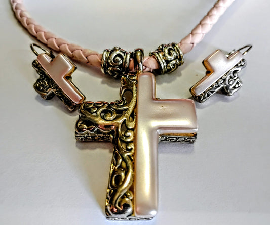 Pretty Pink Rose Braided Cross Jewelry Set