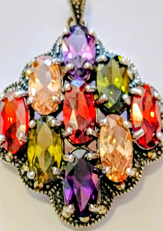 Exquisite Mosaic Multi-Stone Sterling Necklace Pendant